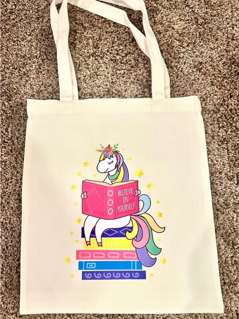 Unicorn 'Believe in Yourself' Canvas Tote - Pastel Rainbow